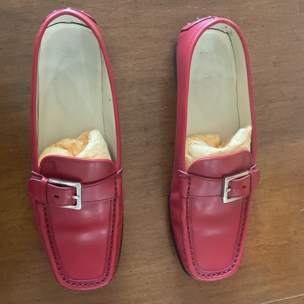 Tod’s Red Leather Loafers with Buckle